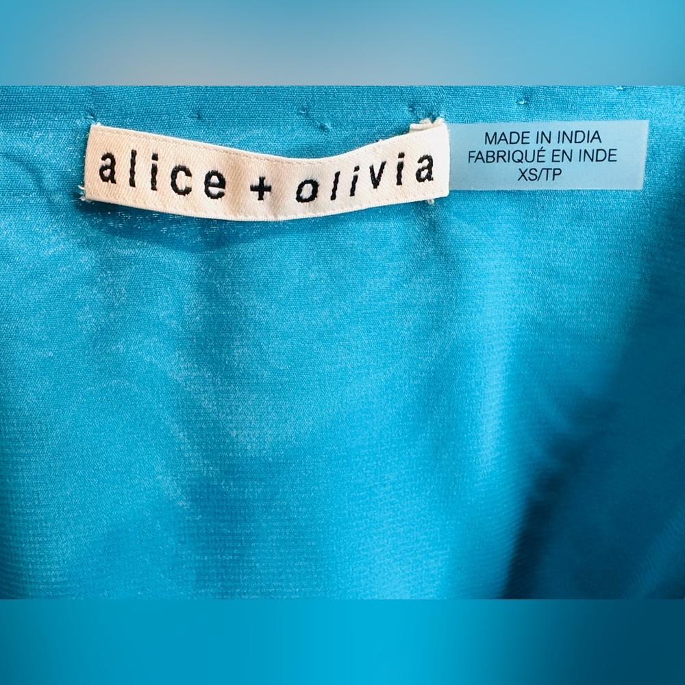 Alice + Olivia Sharita Blue Green Teal Gold Embroidered Drawstring Top Blouse - Picture 10 of 15